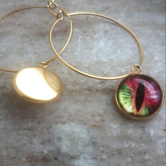 Gold or Black Stainless Steel Dangle Dragon Snake Eye Round Circle Hoop Earrings - Picture 4 of 8